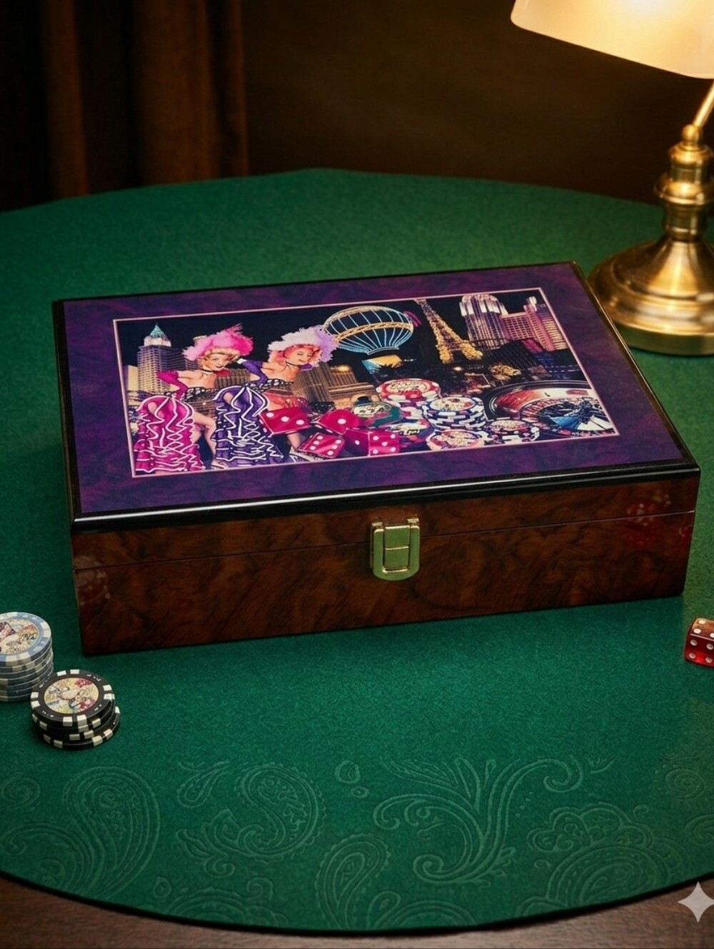 Vintage Las Vegas Wooden Poker Set Case With Showgirls